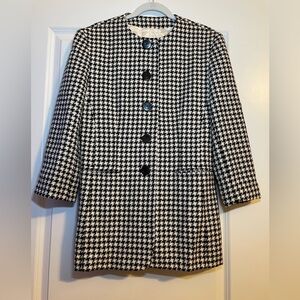Mondi Vintage Collarless Houndstooth Wool Jacket Black White Size 40 Lined